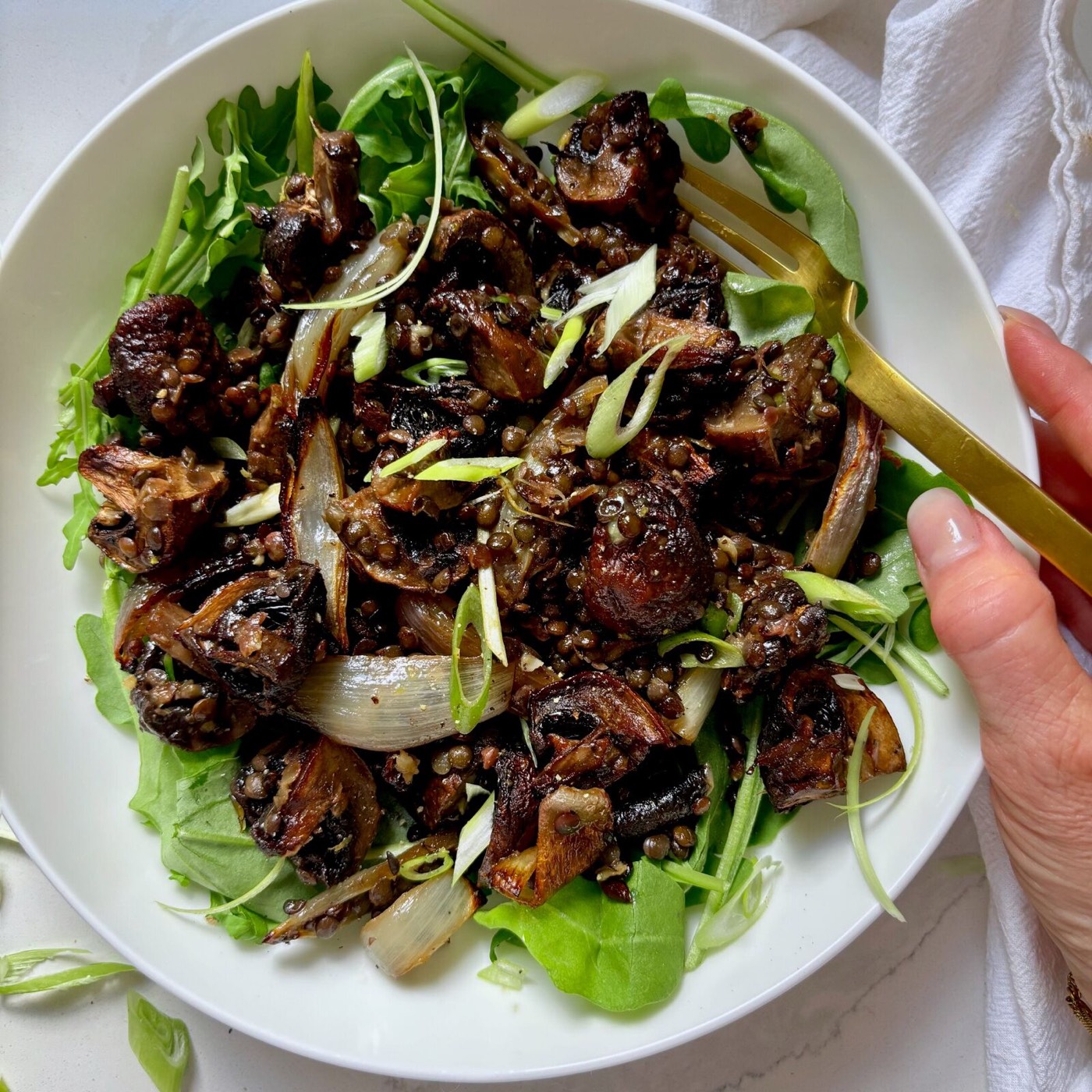 Miso Butter Mushrooms with Crispy Lentils